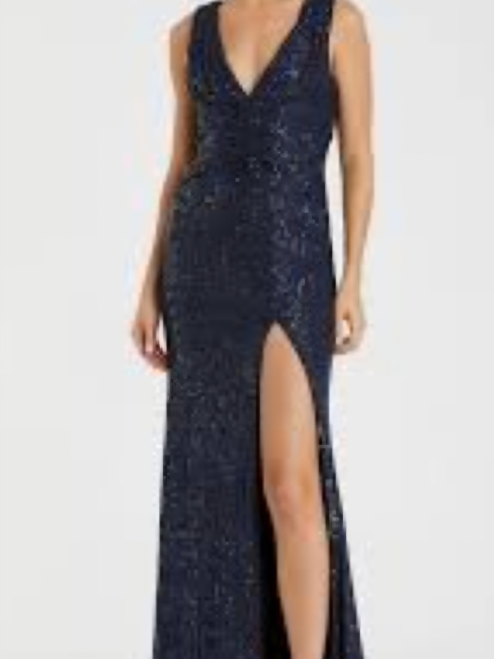 Mac Duggal Navy Sequin V-Neck Prom Gown with Front Slit